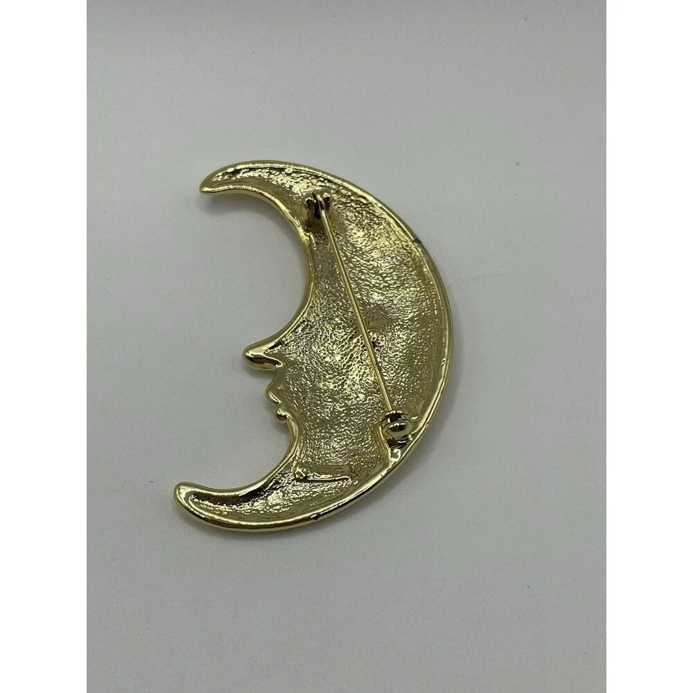 AJC Vintage Moon Pin Brooch Gold Face Crescent Rhinestone NOS Signed 80s